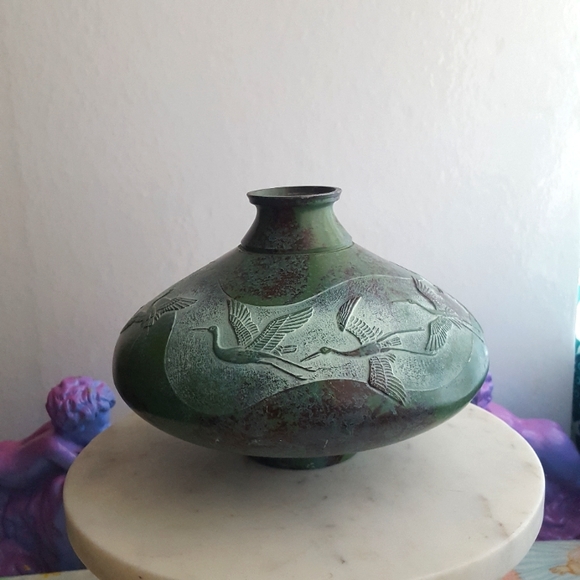 Other - 🌙Patina Metal "Flying Cranes" Ikebana Vase Toyo Japan w Chop Mark